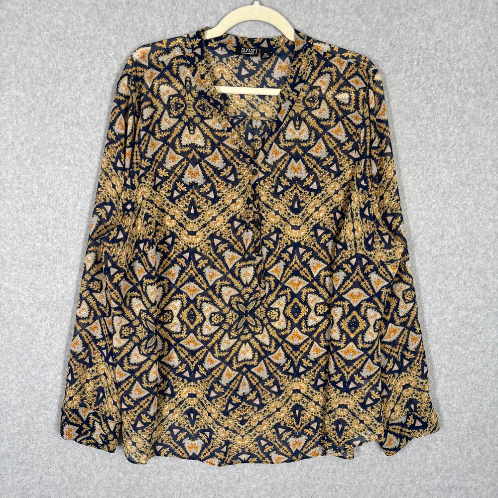 Ana Blouse Popover Button Blouse 3X Gold Navy Paisley Scarf Medallion Print